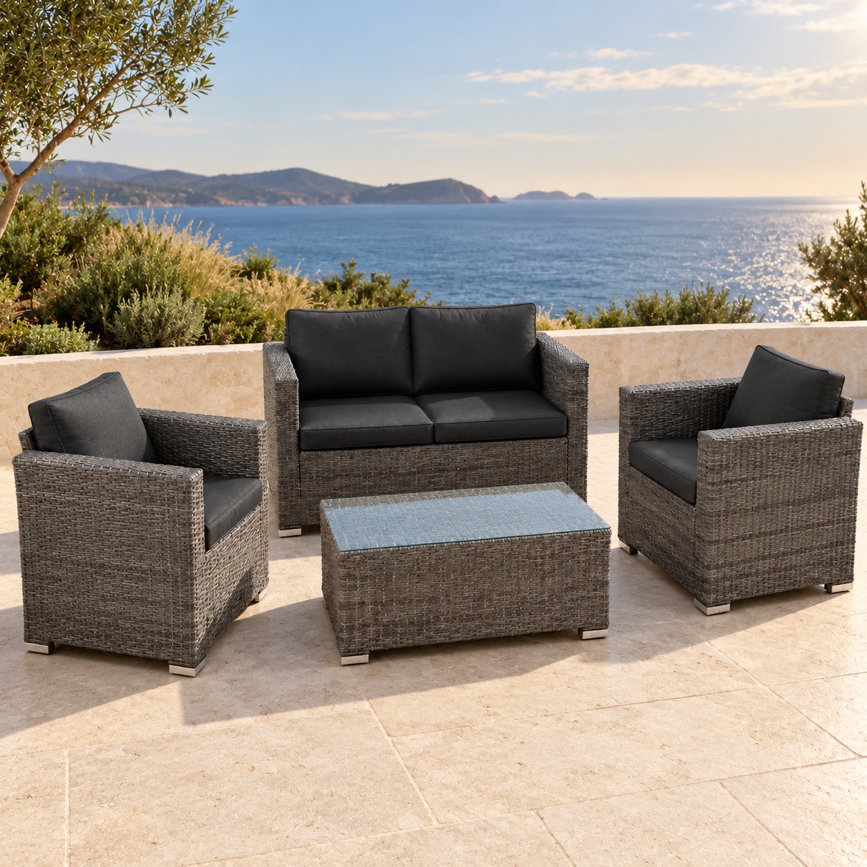 Puerta patio seating with sofa, armchairs and coffee table